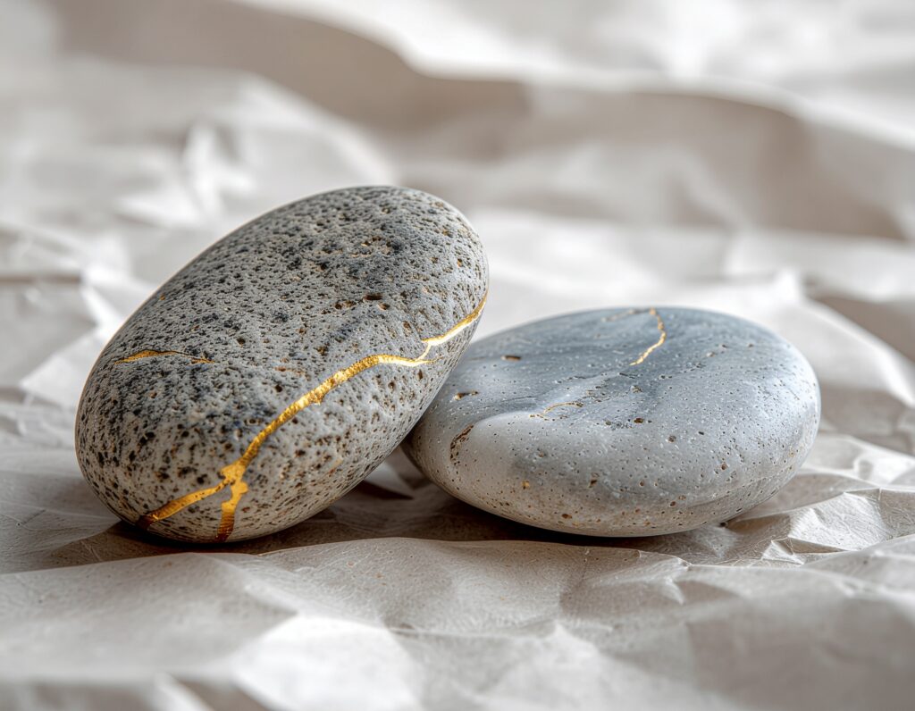 Two smooth grey stones resting on textured, crinkled paper. One stone features a distinct fracture that has been beautifully repaired with glowing gold in the traditional Kintsugi style, symbolizing resilience, healing, and finding value in our human imperfections.