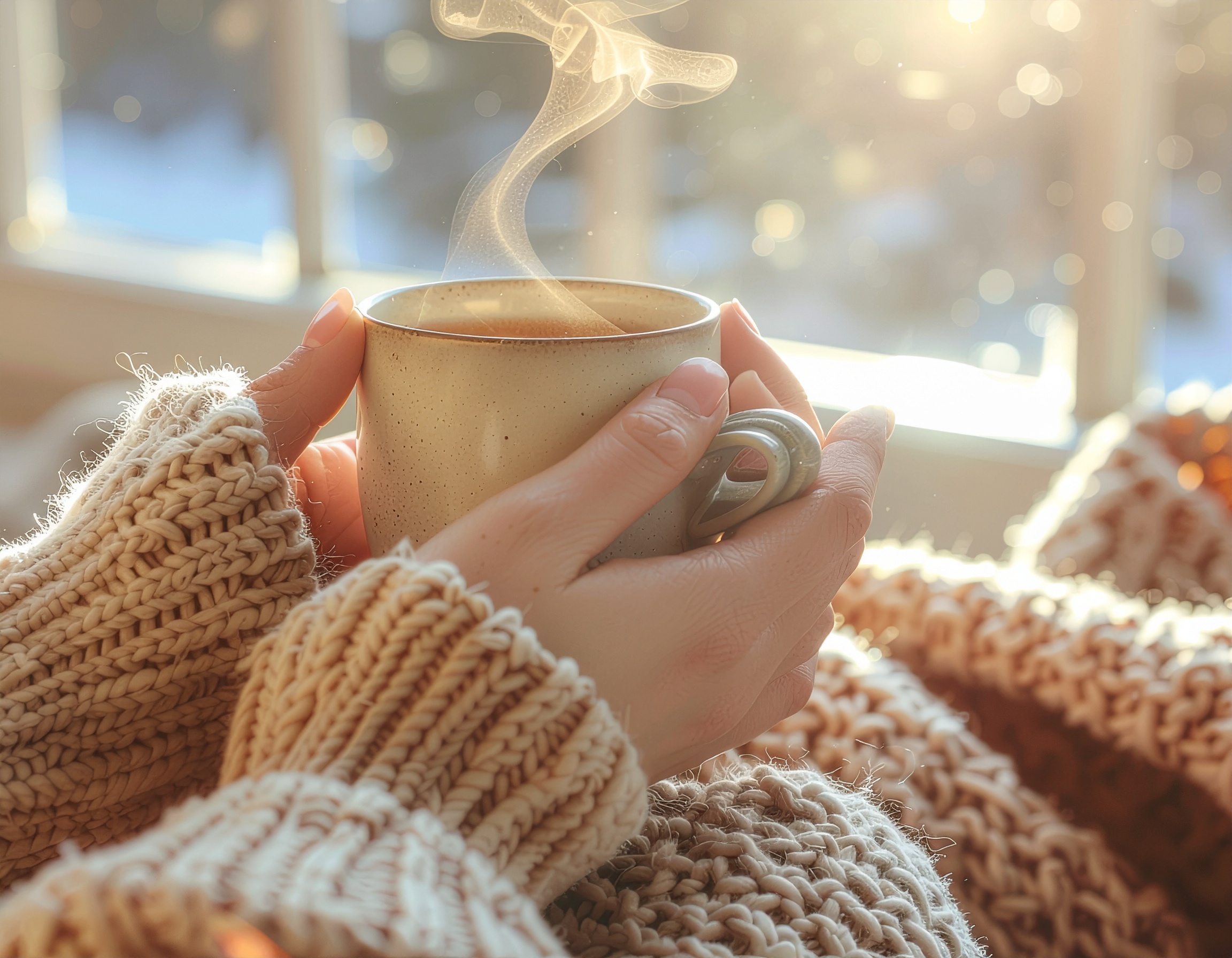 A close-up of hands wrapped in a cozy, chunky knit sweater, gently holding a steaming ceramic mug. Soft, warm sunlight streams in from the background, creating a glowing, peaceful atmosphere that invites a moment of mindful pause away from digital noise.